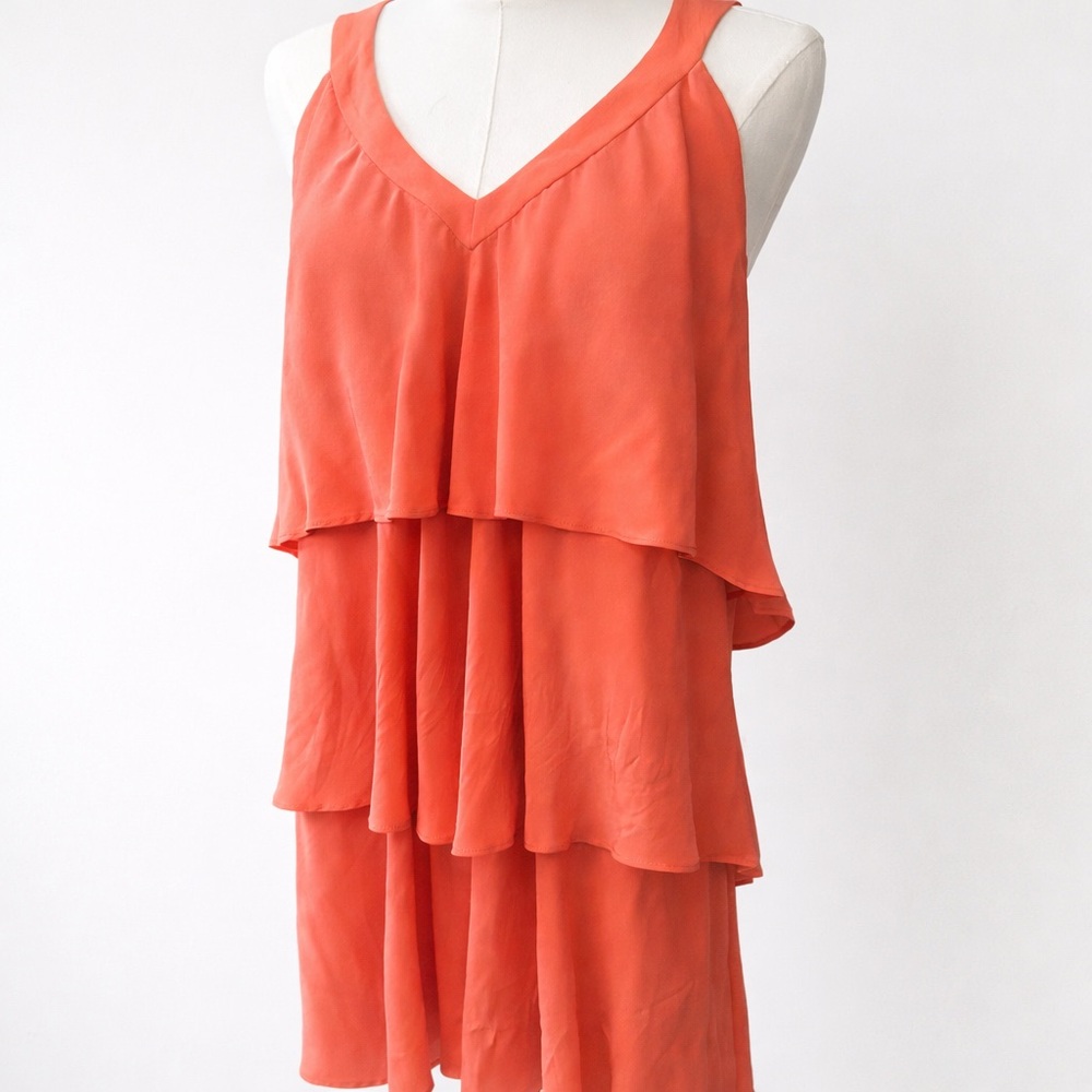 Waverly Grey Coral Tiered Layered Sleeveless Blouse Open Back V-Neck Flowy Top